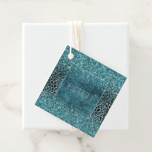 Glam Turquoise Teal Blue Leopard Print Glitter Favor Tags