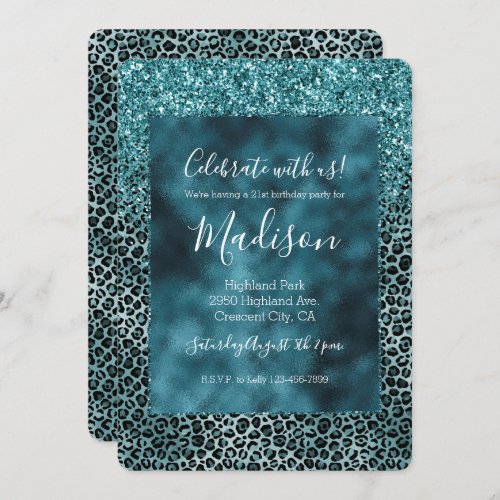 Glam Turquoise Teal Blue Leopard Print Glitter Invitation