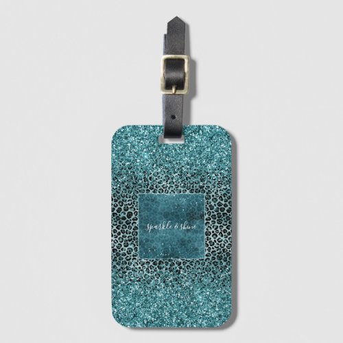 Glam Turquoise Teal Blue Leopard Print Glitter Luggage Tag