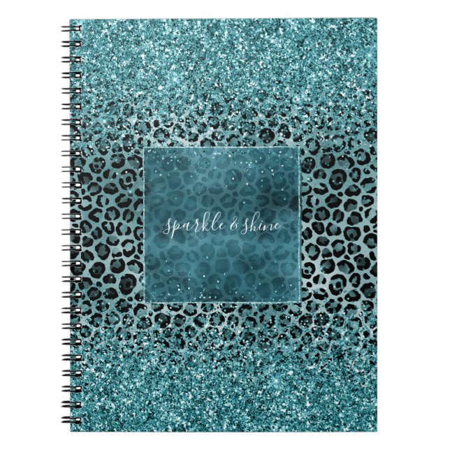 Glam Turquoise Teal Blue Leopard Print Glitter Notebook (Front)