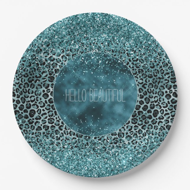 Glam Turquoise Teal Blue Leopard Print Glitter Paper Plates (Front)