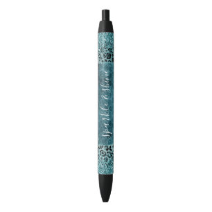 Glam Turquoise Teal Blue Leopard Print Glitter Pen
