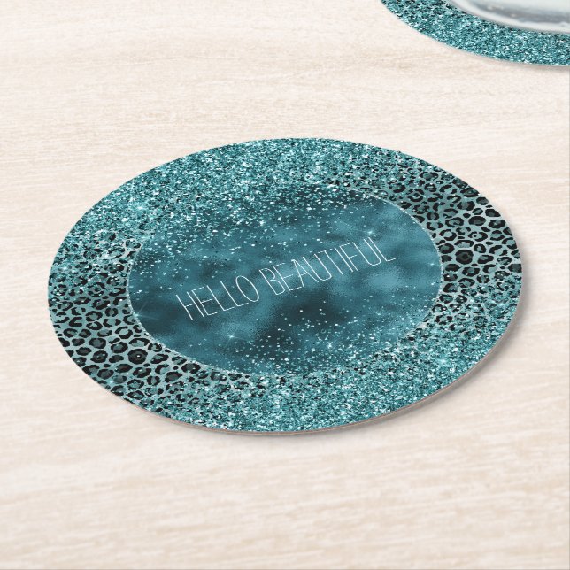 Glam Turquoise Teal Blue Leopard Print Glitter Round Paper Coaster (Angled)