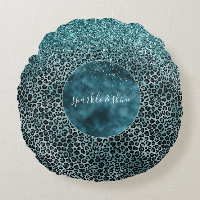 Glam Turquoise Teal Blue Leopard Print Glitter Round Pillow (Front)