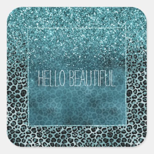 Glam Turquoise Teal Blue Leopard Print Glitter Square Sticker