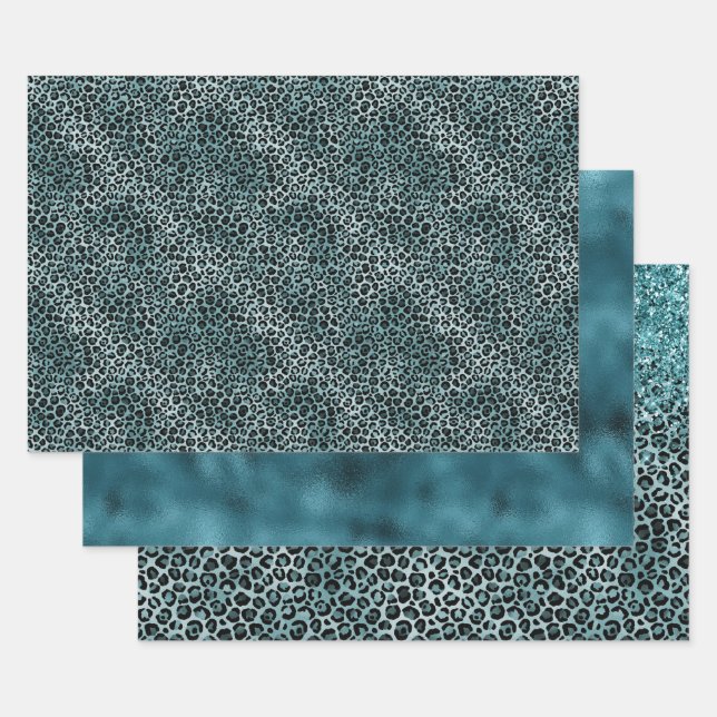 Glam Turquoise Teal Blue Leopard Print Glitter Wrapping Paper Sheets (Set)