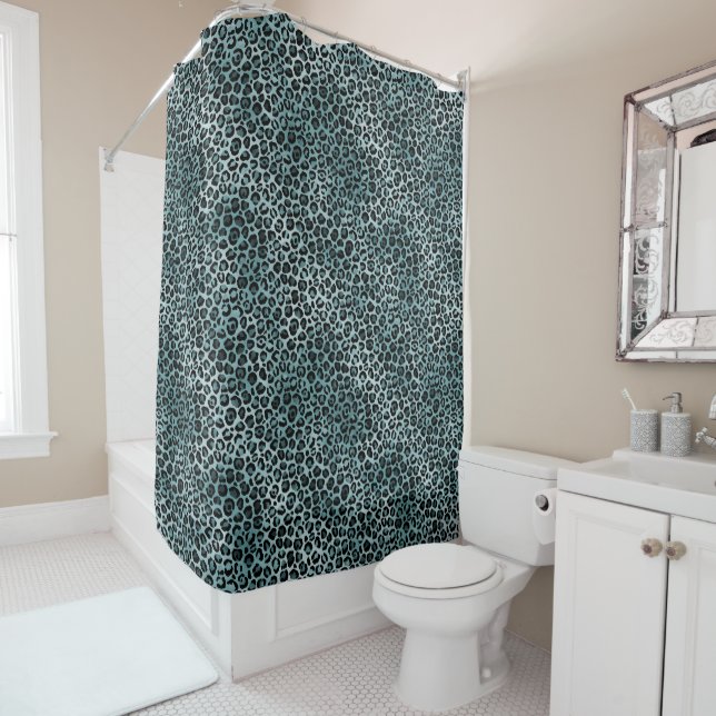 Glam Turquoise Teal Blue Leopard Print Ombre Shower Curtain (In Situ)