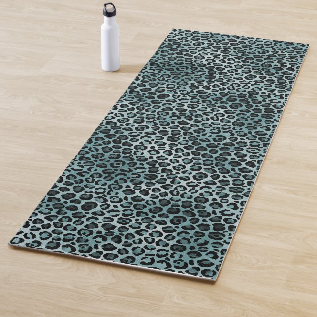 Glam Turquoise Teal Blue Leopard Print Ombre Yoga Mat (In Situ)