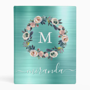 Glam Turquoise Teal Brushed Metal Monogram Name Mini Binder