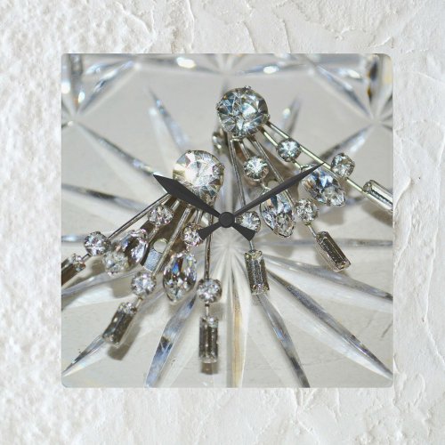 Glam Vintage Art Deco Rhinestones Acrylic Square Wall Clock