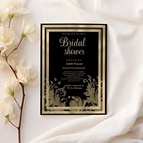 Glam vintage black gold lace floral Bridal Shower  Invitation