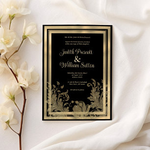 Glam vintage black gold lace floral wedding invitation