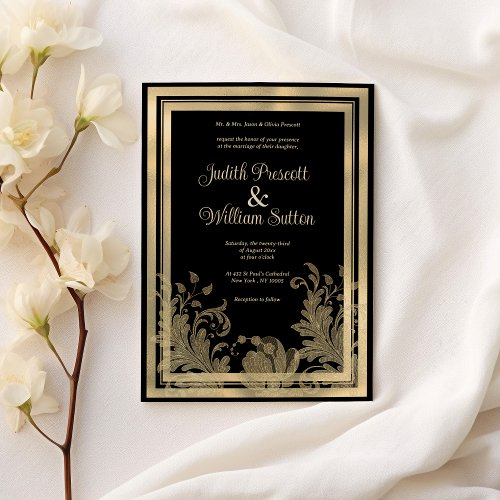 Glam vintage black gold lace floral wedding invitation