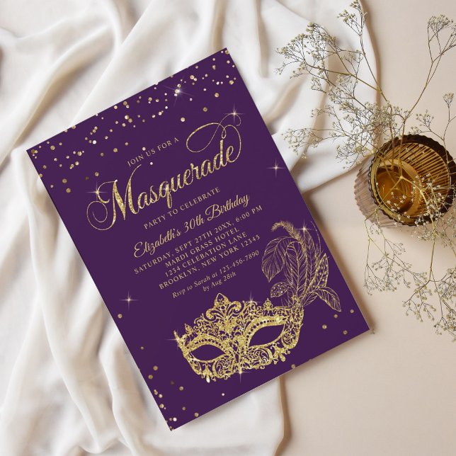 Glam Violet Gold Glitter Masquerade Birthday Invitation (Creator Uploaded)