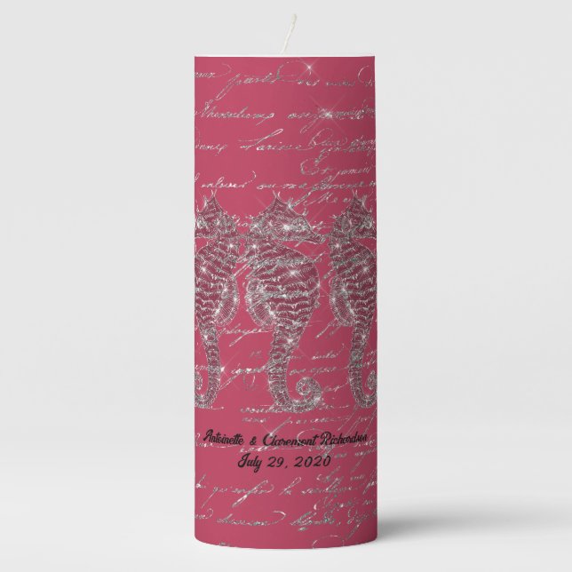 Glam Viva Magenta and Silver Glitter Seahorse  Pillar Candle (Front)