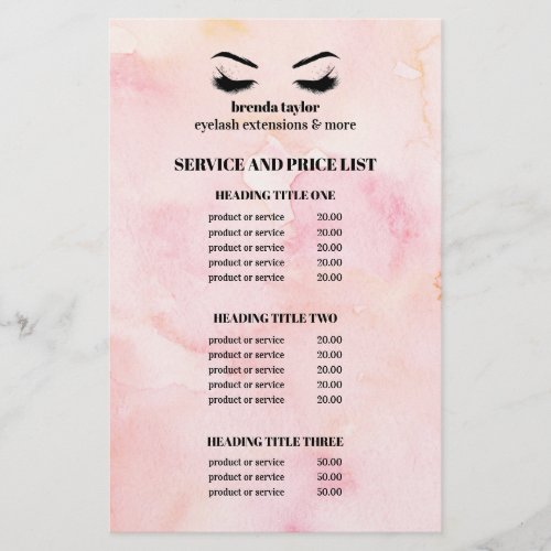 Glam watercolor pink  EYELASH SALON SERVICE LIST Flyer