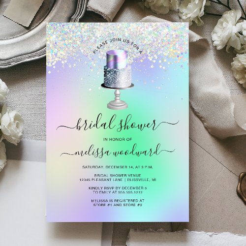 Glam Wedding Cake Holographic Bridal Shower Invitation