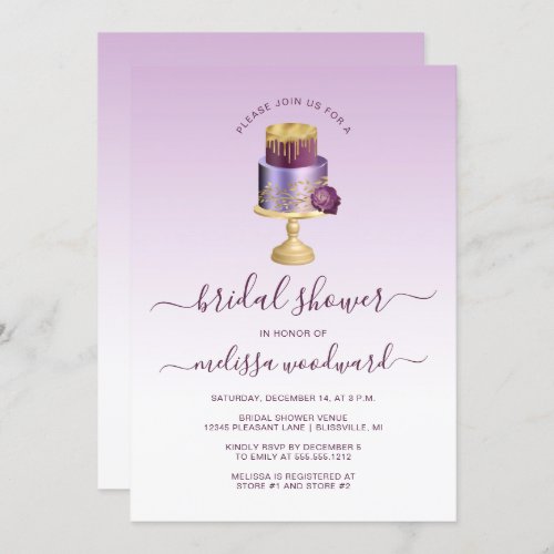 Glam Wedding Cake Purple Gold Bridal Shower Invitation
