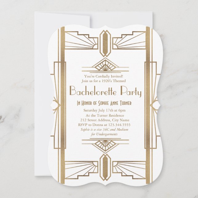 Glam White 1920s Great Gatsby Bachelorette Party Invitation (Front)