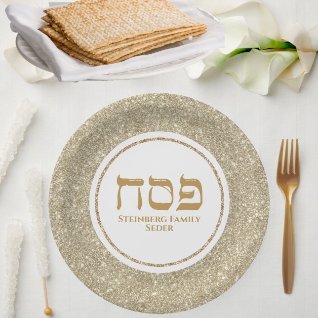 Glam White and Gold Glitter Jewish Passover Paper Plates (Creator Uploaded)