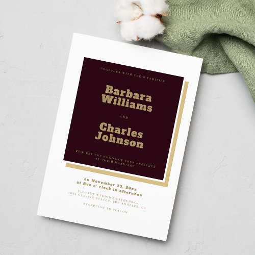  Glam white burgundy gold bold typography wedding  Invitation