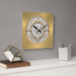 Glam White Diamonds 50th Wedding Anniversary Square Wall Clock<br><div class="desc">Glam,  sparkling white diamond set in a gold swirly frame,  a perfect 50th wedding anniversary commemorative.
Customizable text in changeable gold font color.
Images of diamonds and gold were created with the text-to-image AI generator.</div>