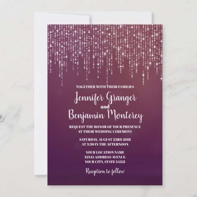 Glam White Fairy Lights PINK BOKEH Wedding Invitation (Front)