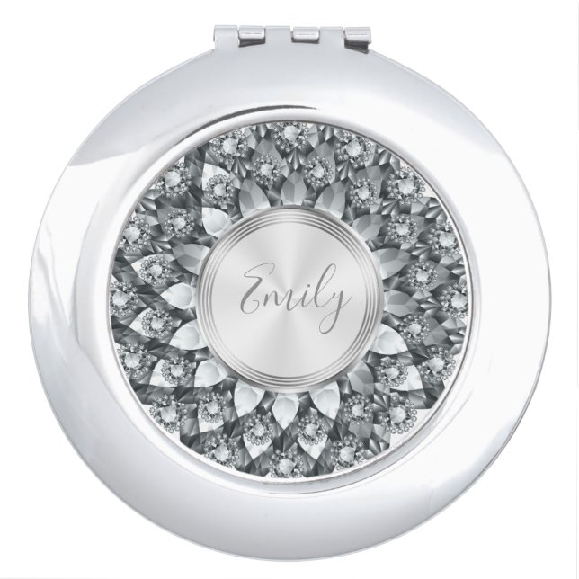Glam White Faux Diamonds Mandala Compact Mirror (Front)