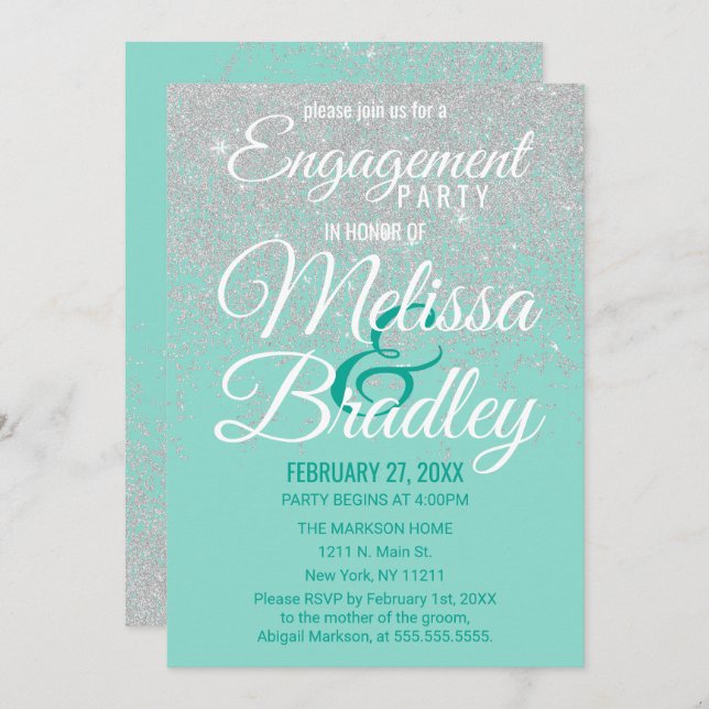 Glam White Glitter Sparkles Teal Engagement Invitation (Front/Back)