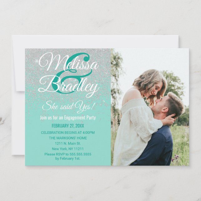 Glam White Glitter Sparkles Teal Engagement Invitation (Front)