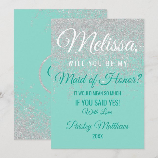 Glam White Glitter Sparkles Teal Maid of Honor Invitation (Front/Back)