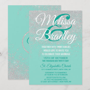 Glam White Glitter Sparkles Teal Wedding Invitation