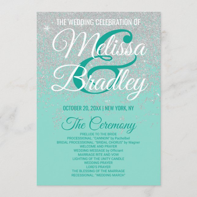 Glam White Glitter Sparkles Teal Wedding Programs (Front)