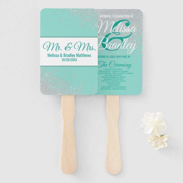 Glam White Glitter Sparkles Teal Wedding Programs Hand Fan (Front and Back)