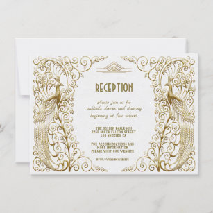 Glam White Gold Art Deco Peacock Wedding Reception Invitation