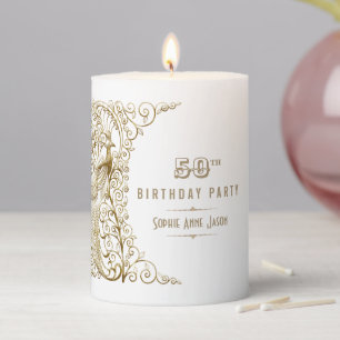 Glam White Gold Art Deco Peacocks 50th Birthday  Pillar Candle