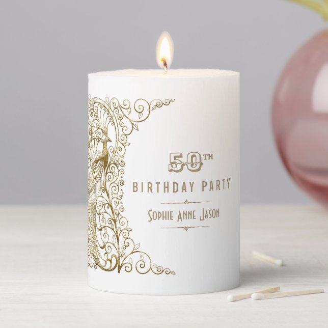 Glam White Gold Art Deco Peacocks 50th Birthday  Pillar Candle (In Situ)