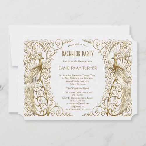Glam White Gold Art Deco Peacocks Bachelor Party Invitation