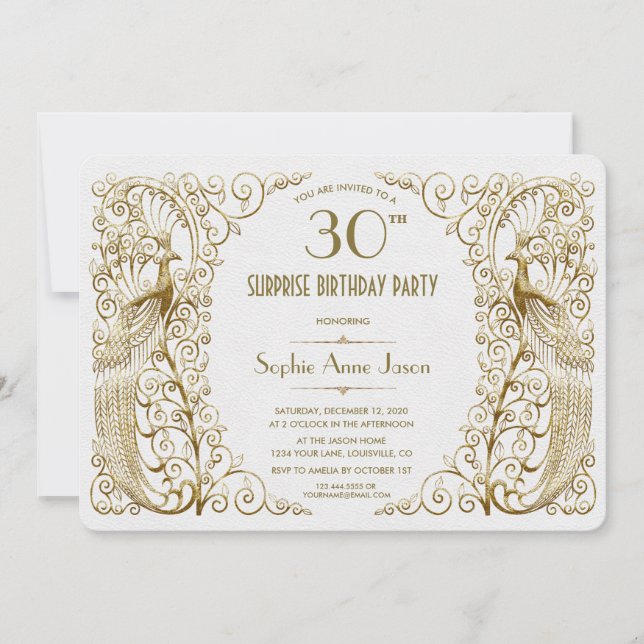 Glam White Gold Art Deco Peacocks Birthday Invite (Front)