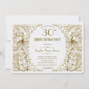 Glam White Gold Art Deco Peacocks Birthday Invite