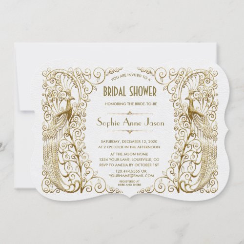 Glam White Gold Art Deco Peacocks Bridal Shower Invitation