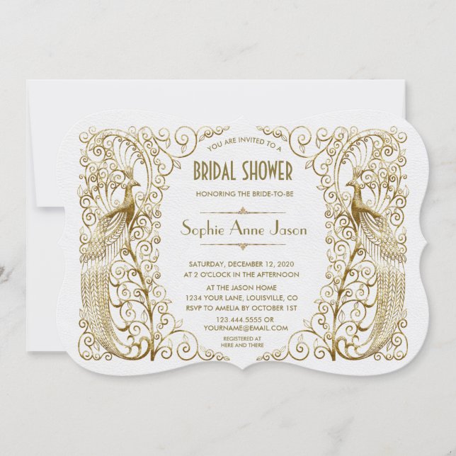Glam White Gold Art Deco Peacocks Bridal Shower Invitation (Front)