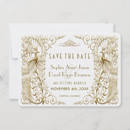 Glam White Gold Art Deco Peacocks Save The Date