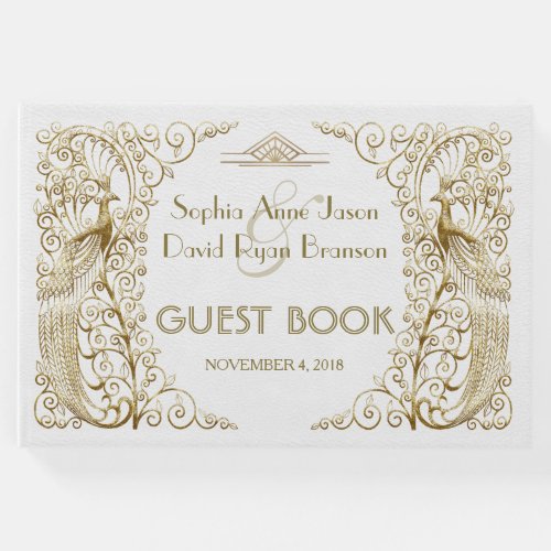 Glam White Gold Art Deco Peacocks Wedding Guest Book