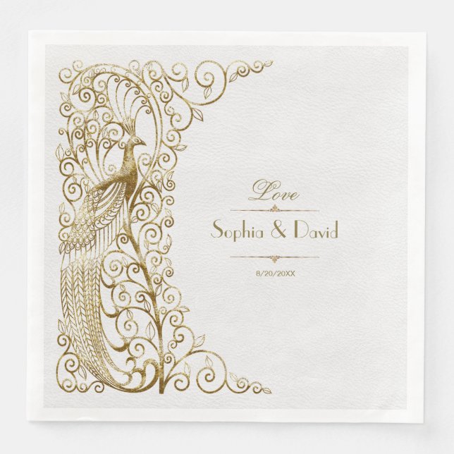 Glam White Gold Art Deco Peacocks Wedding Paper Dinner Napkins (Front)