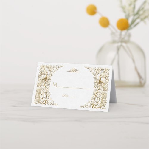 Glam White Gold Art Deco Peacocks Wedding Place Card