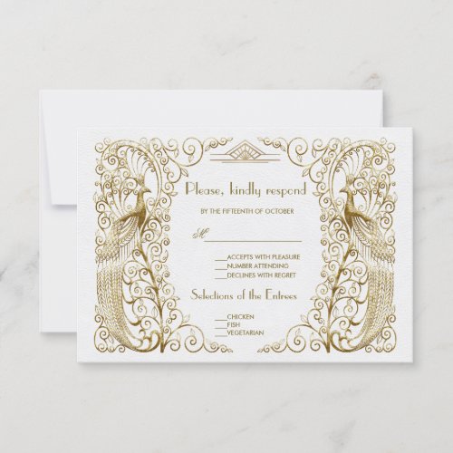 Glam White Gold Art Deco Peacocks Wedding RSVP