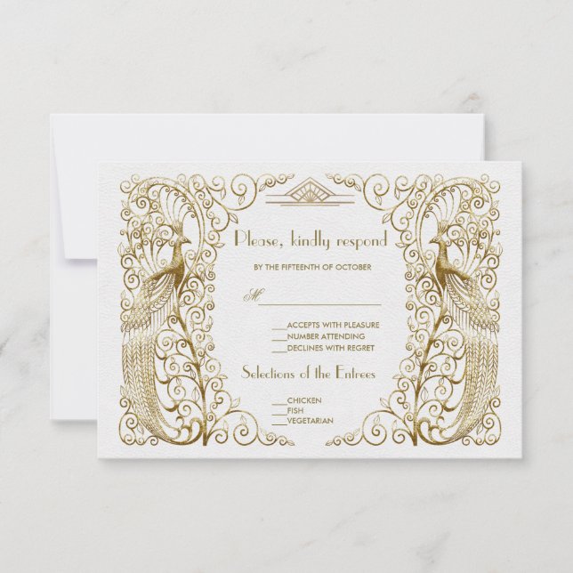 Glam White Gold Art Deco Peacocks Wedding RSVP Card (Front)