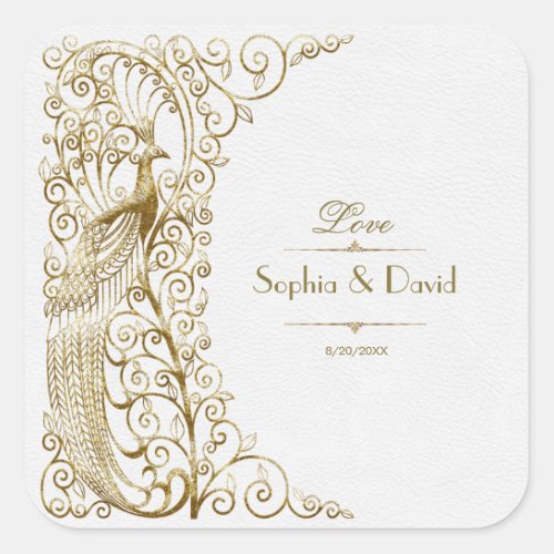 Glam White Gold Art Deco Peacocks Wedding Square Sticker