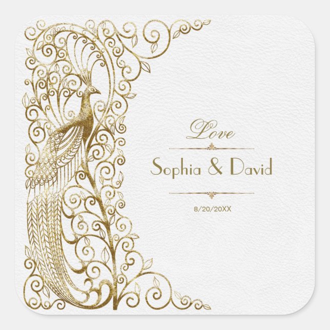 Glam White Gold Art Deco Peacocks Wedding Square Sticker (Front)